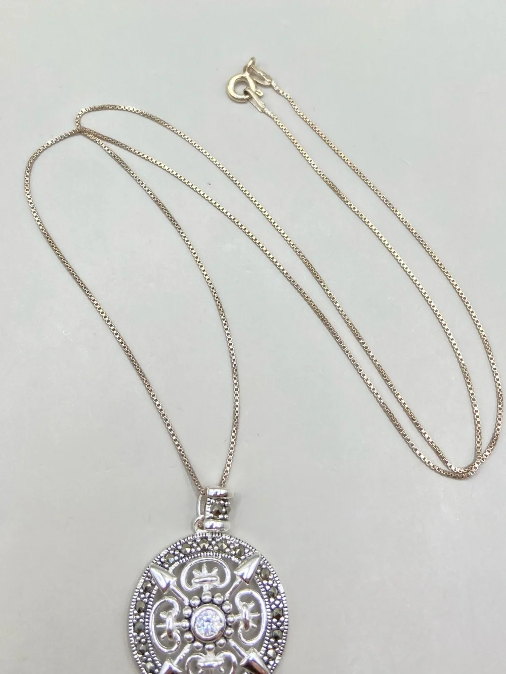 Sterling Silver Bali Shield Pendant with Cubic Zirconia and Marcasite